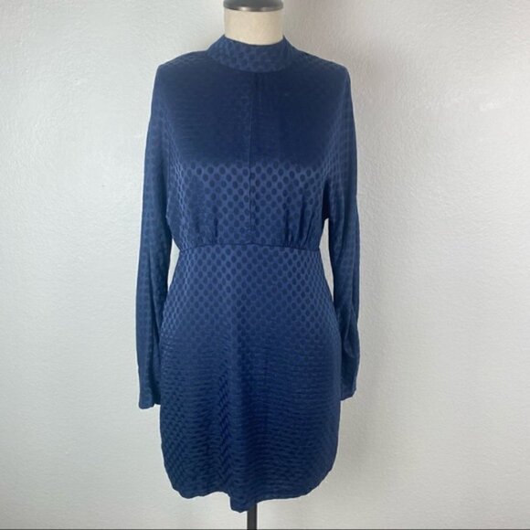 Zara Mini Dress S Satin High Mock Neck Tie Polka Dot Long Sleeve Navy Blue Black - Picture 3 of 15